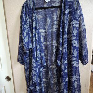 LuLaRoe Shirley Kimono Size L Navy Blue with White Diamonds Asymmetric Design